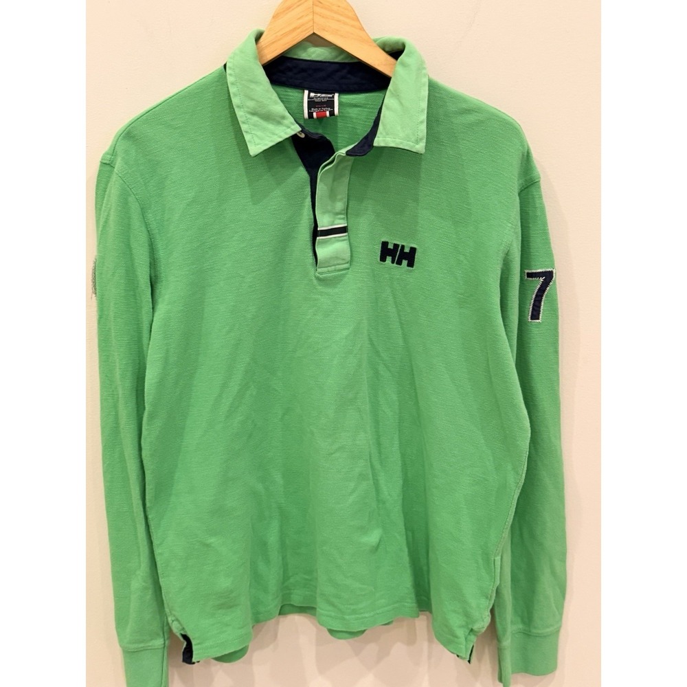 Helly‎ Hansen Rugby Polo Shirt Mens Large Green Long Sleeve HH Logo Patch